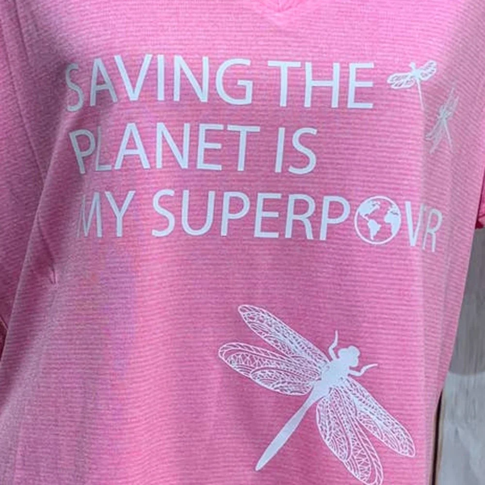 Hand Printed Upcycled 2X Saving the Planet Dragonfly Superpower Short Sleeve Tee - Picture 3 of 4